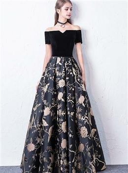 Picture of Off Shoulder Black Color Floral Floor Length Party Dresses, A-line Satin Floral Long Prom Dresses